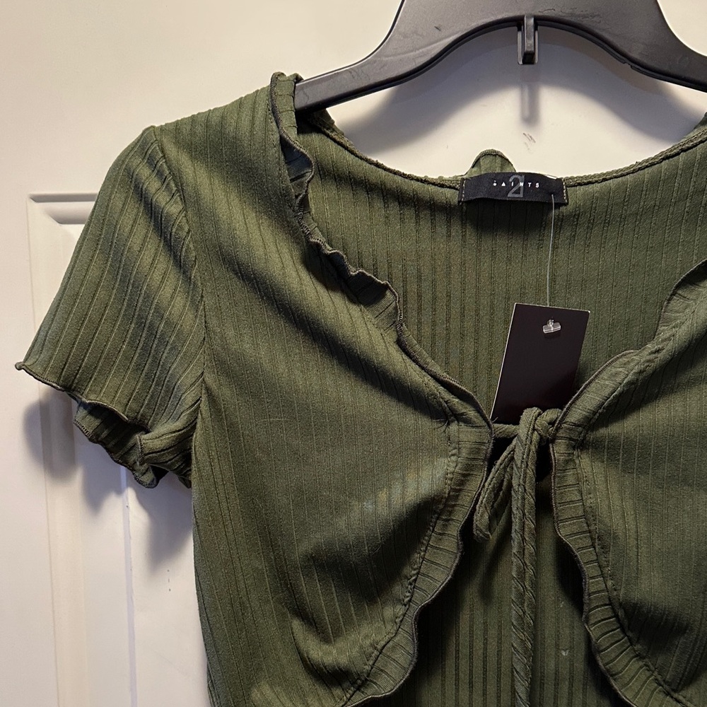 Olive Ribbed Tie-Front Top - Picture 2 of 4
